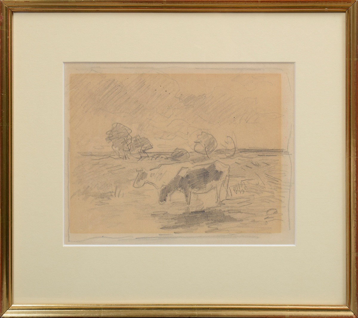 Herbst, Thomas (1848-1915) "Landscape with cows", pencil drawing, 17,5x23cm (w.f. 30,7x35,5cm), lig - Image 2 of 3