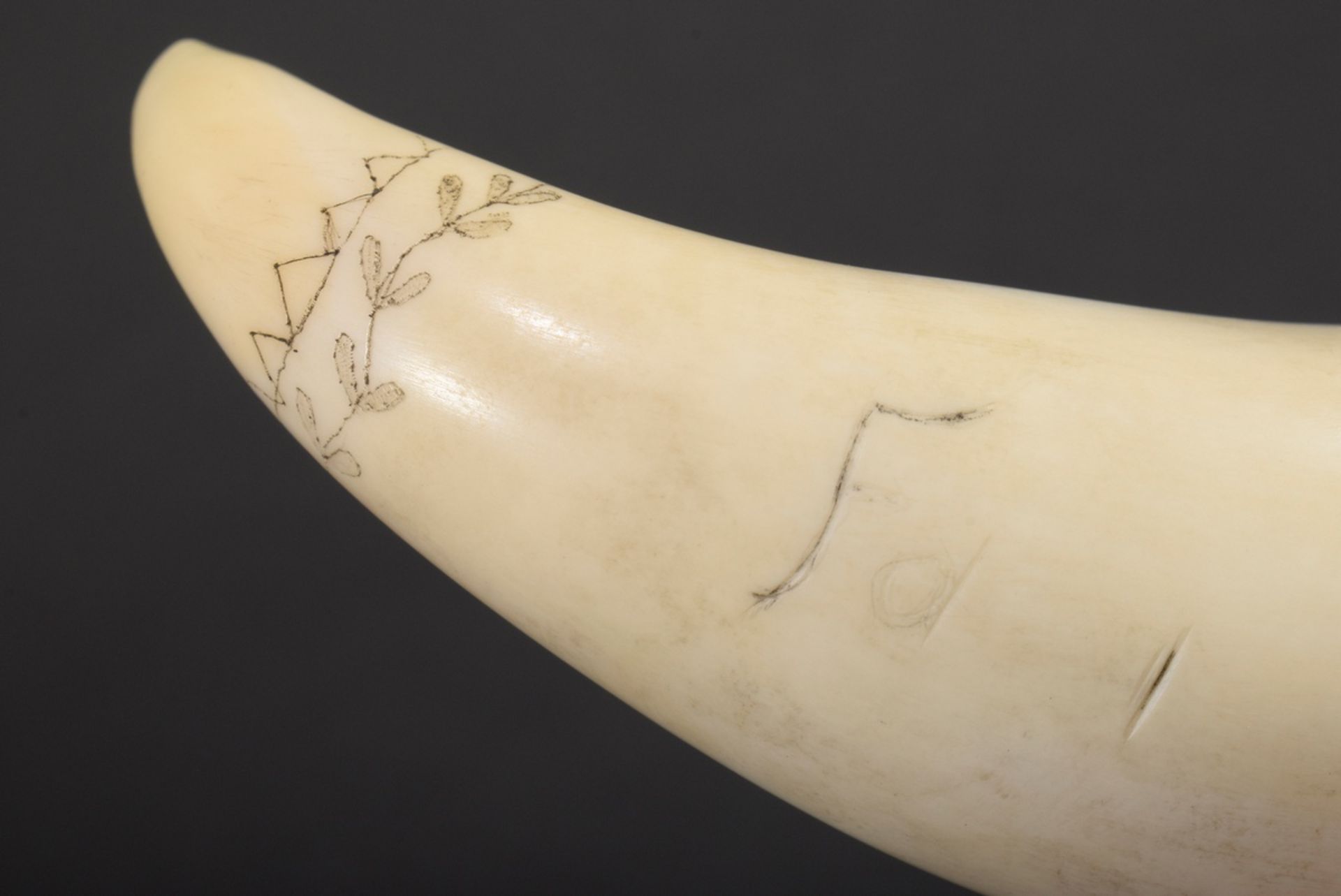 Scrimshaw "Three-Master" 19th c., rolled tooth with blackened incised decoration, sign., 9,5cm, 110 - Image 5 of 5