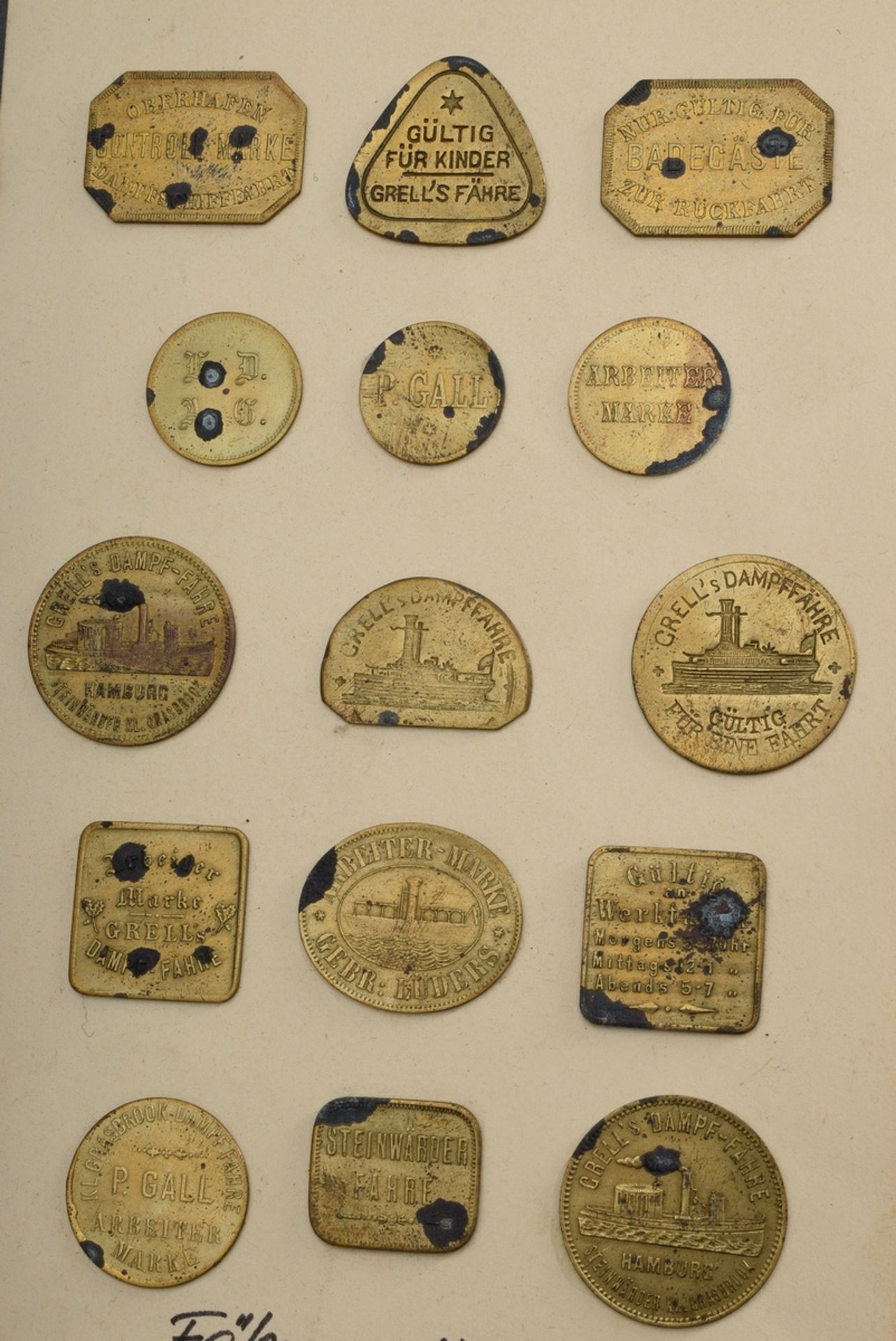 15 Hamburg ferry stamps around 1900, brass, a.o. "Grell's", "P. Gall", "Steinwärder Fähre", traces  - Image 2 of 3