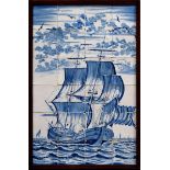 Delfter Blaumalerei Fliesenbild "Walfänger" aus 24 Fliesen in Holz Rahmung, 79,5x53cm, kl. Defekte