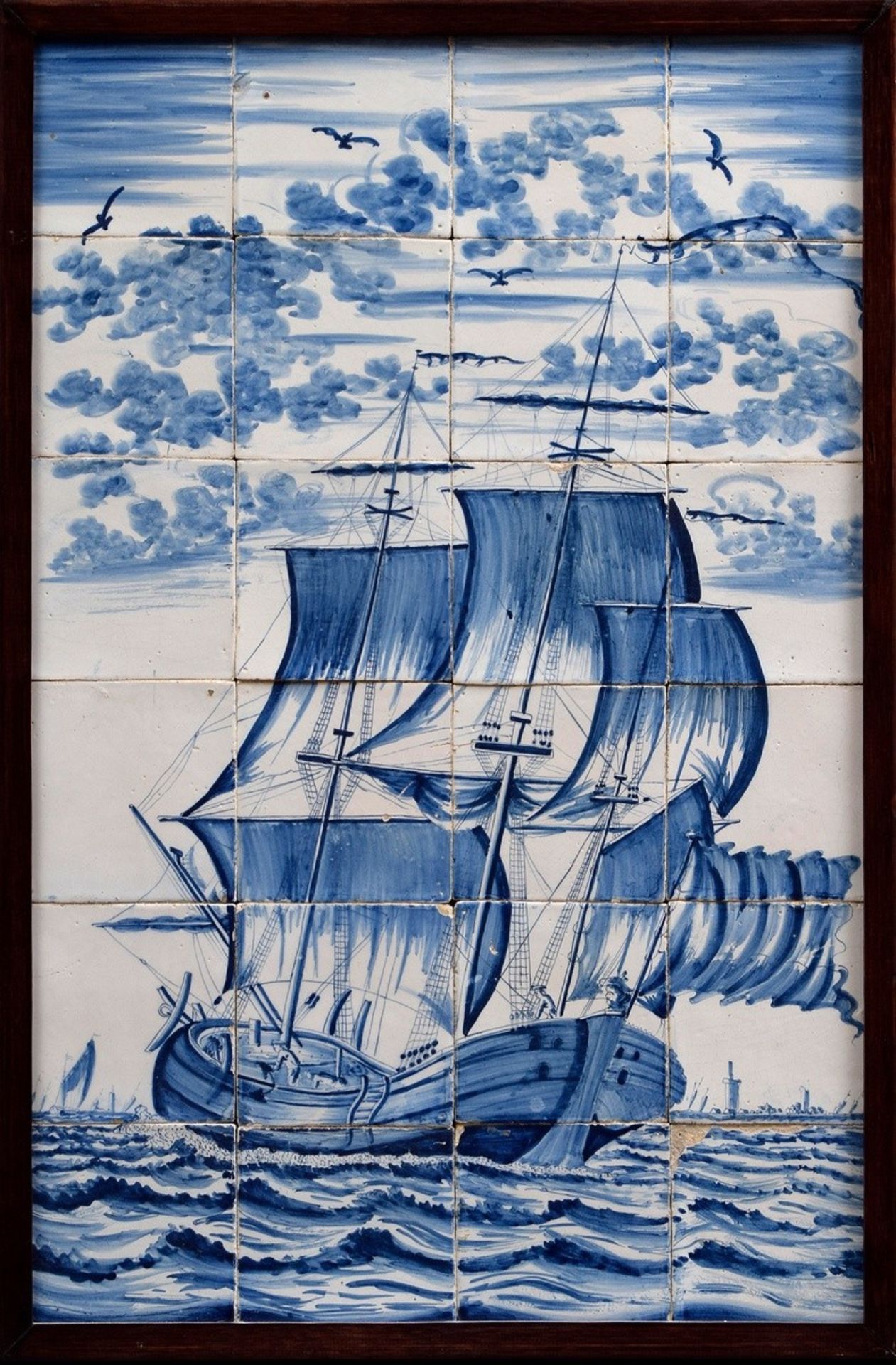 Delft blue painting tile picture "Whaler" from 24 tiles in wood framing, 79,5x53cm, small defects