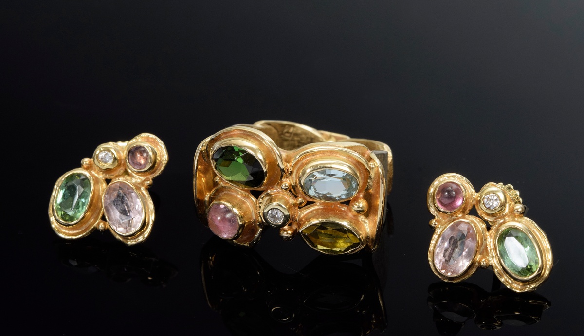 5 pieces YG 585 handmade jewellery in scale link design with tourmalines, cabochon and facet cut ku - Image 5 of 8