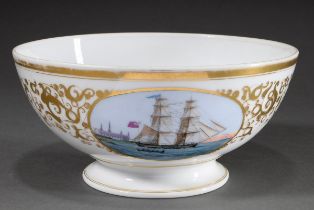 Porcelain bowl with polychrome painting "Two-masted ship in front of Kronenborg" in ornamental gold