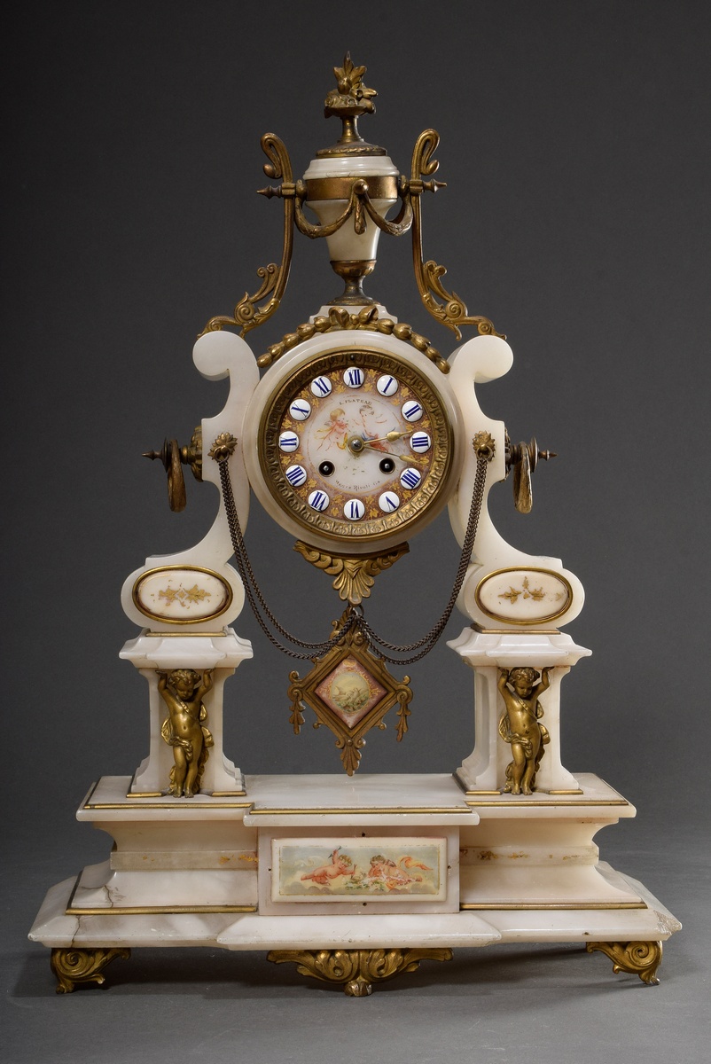 French Napoleon III state pendulum in alabaster case with plastic vase crowning and floral and figu - Image 11 of 13