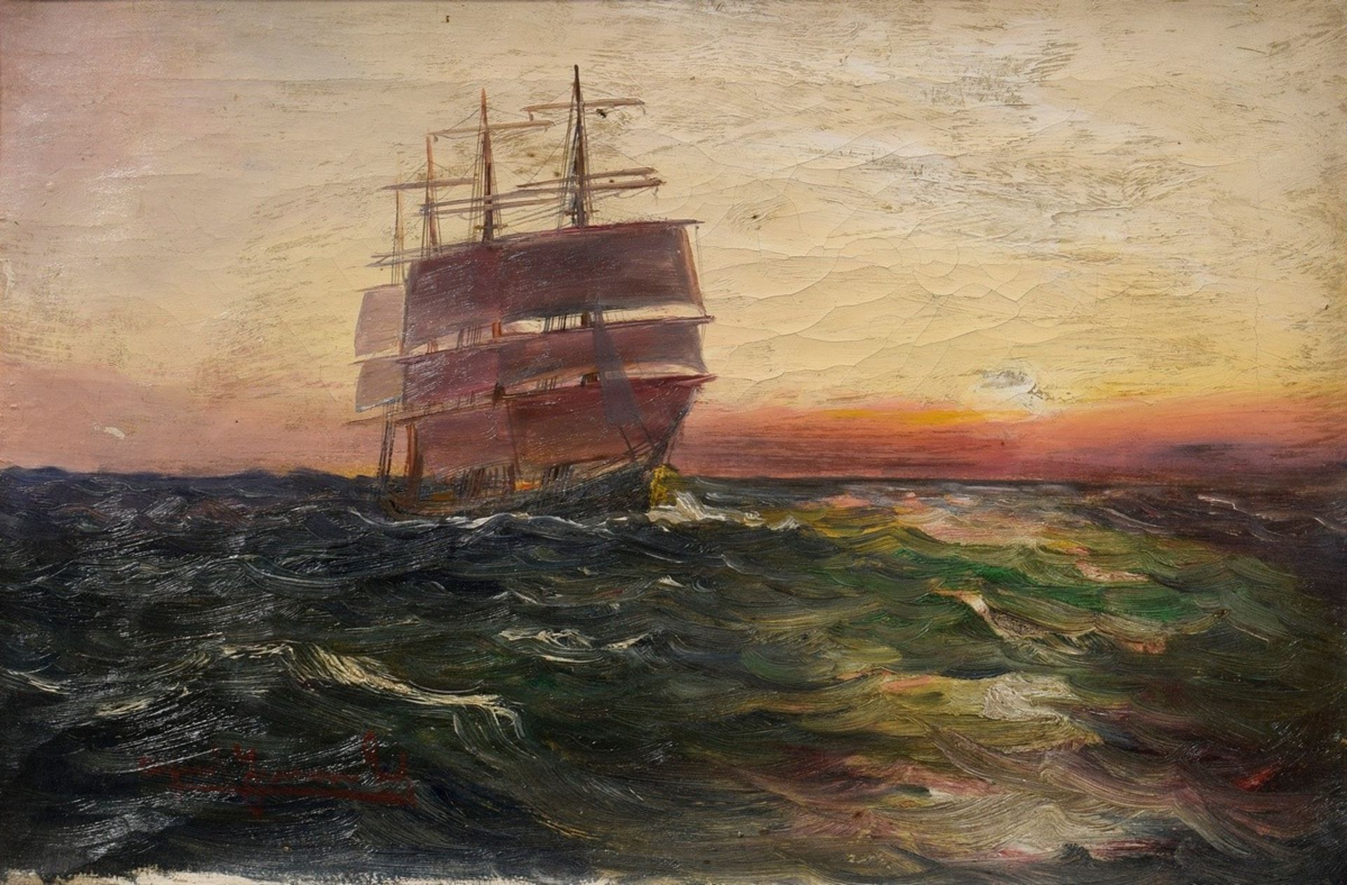Jensen, Alfred (1859-1935) "Dreimaster im Sonnenuntergang", Öl/Leinwand, u.l. sign., 24,6x36,6cm (m