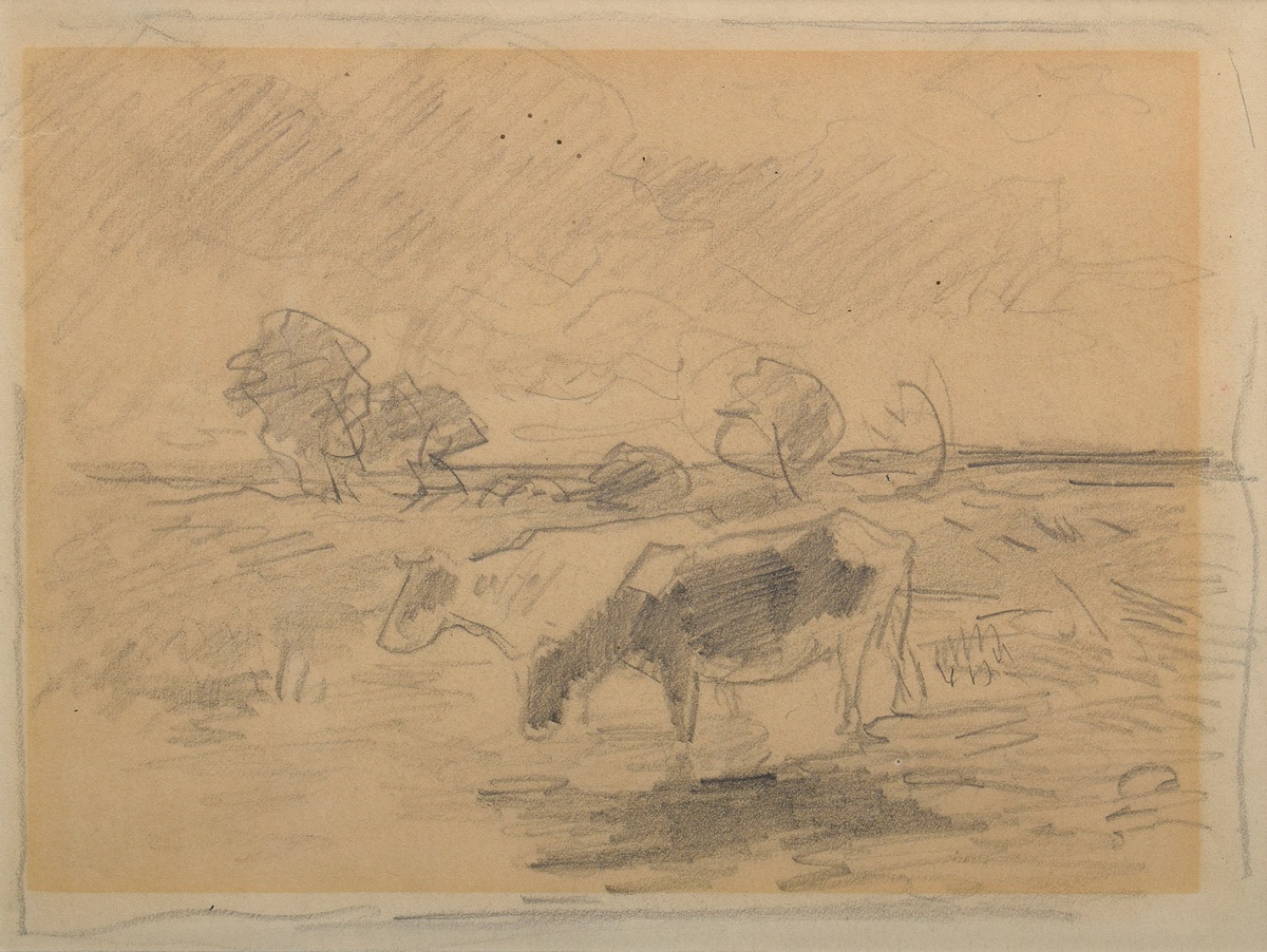 Herbst, Thomas (1848-1915) "Landscape with cows", pencil drawing, 17,5x23cm (w.f. 30,7x35,5cm), lig