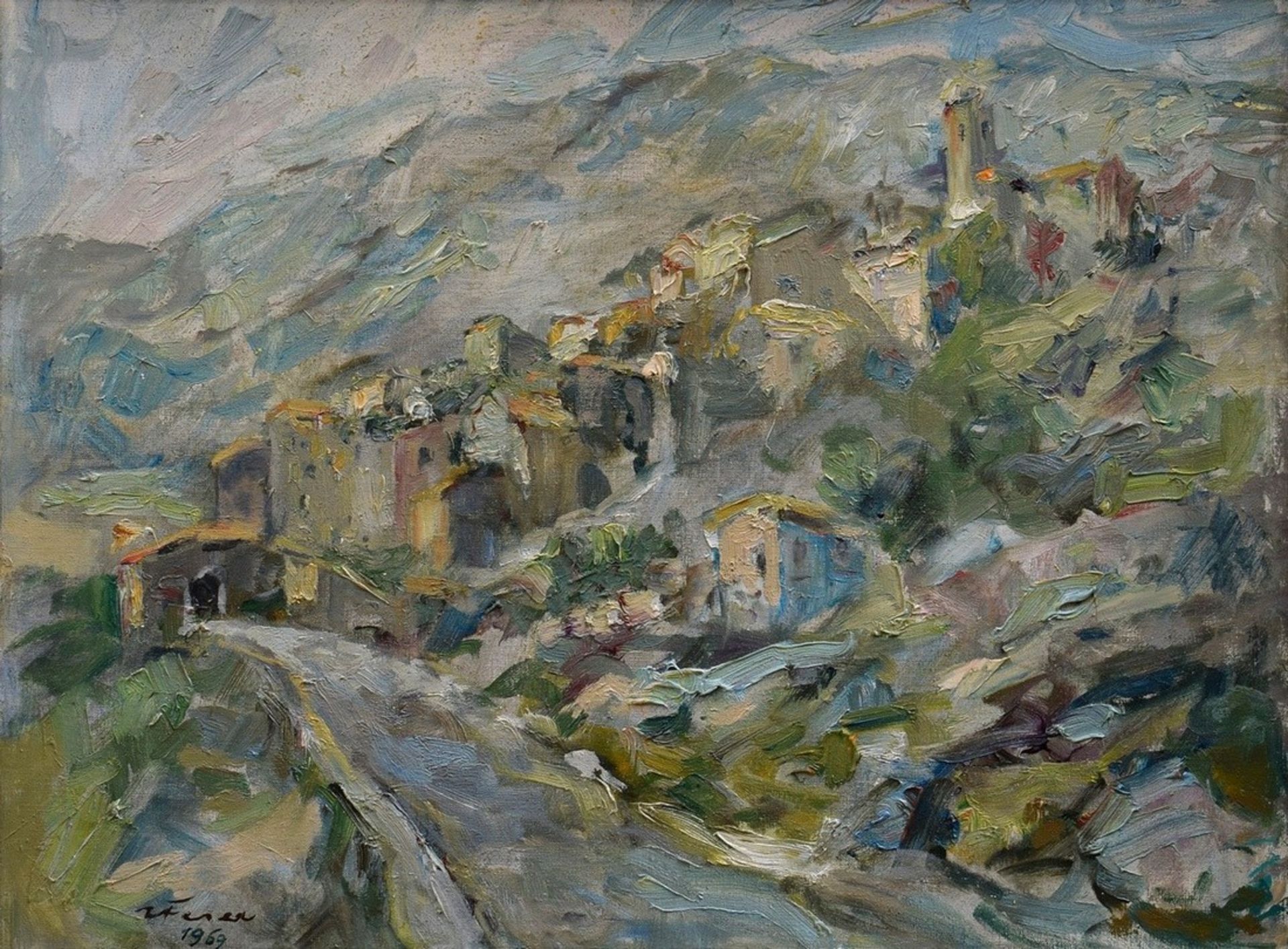 Feser, Albert (1901-1993) "Mittelmeerlandschaft" (Coursegoules/Alpes Maritimes) 1969, Öl/Leinwand, 