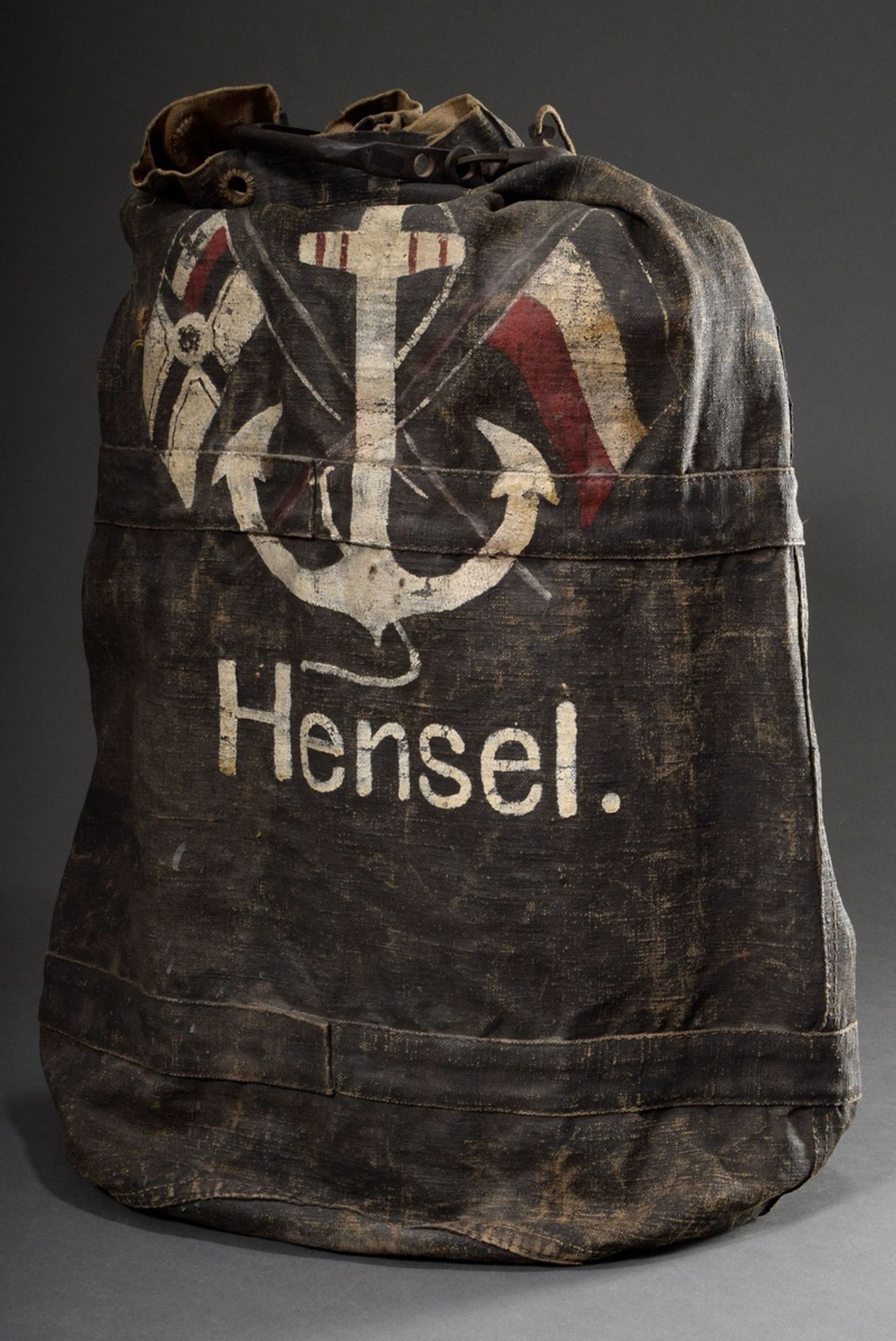 Seesack "Hensel", Leinen in Köperbindung, behandelt und bemalt, Kaiserliche Marine, mit Metallschlo