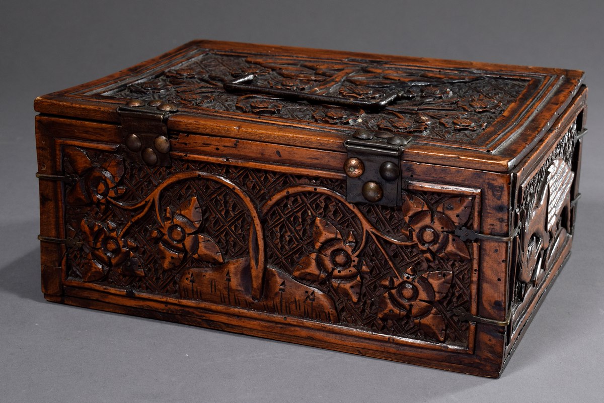 Large minstrel's box with relief carvings "Blossom tendrils and fantastic birds" as well as iron fi - Image 2 of 7