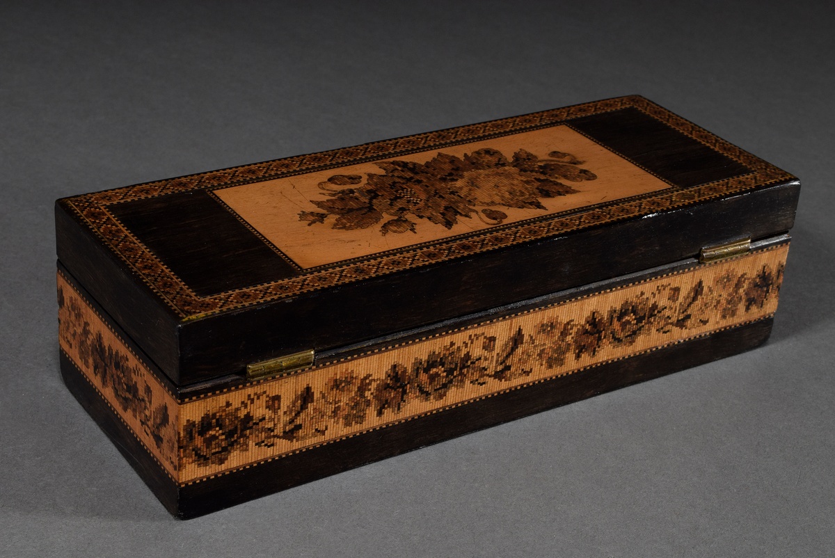 Rectangular "Tunbridge ware" casket with floral micromosaic of various woods, inside lined with apr - Image 2 of 4