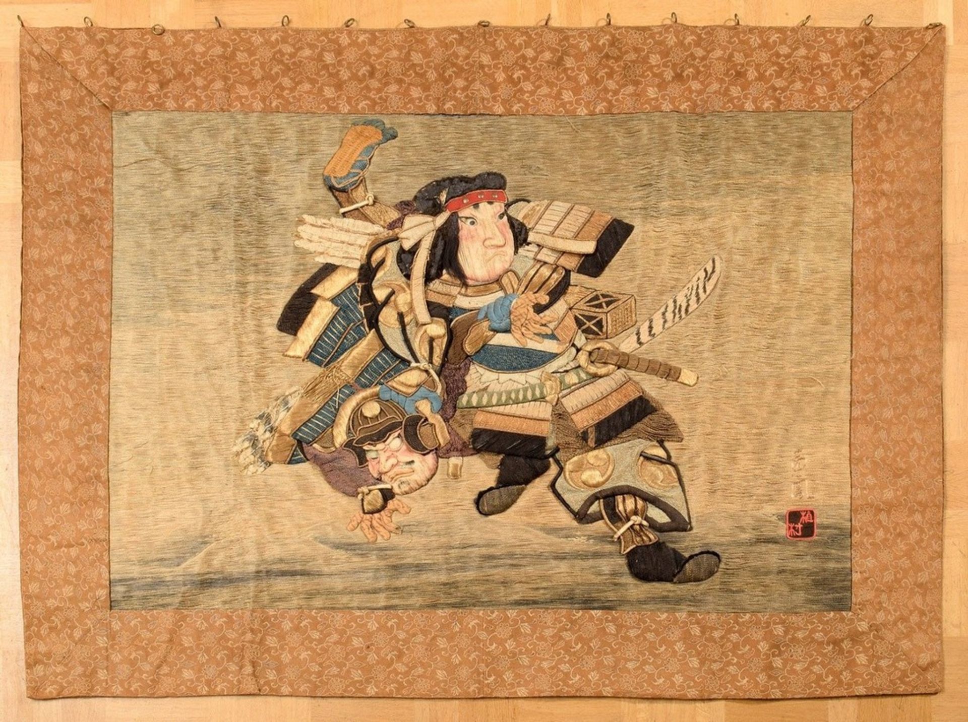 Embroidered wall hanging "Fighting Samurai" with plastic underlay and padded depiction, wool/silk/m