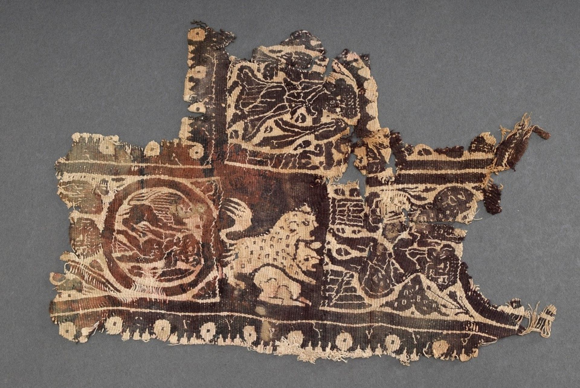 Late antique tunic textile fragment with figural depictions "Panther beats hare" and "Maenads are b