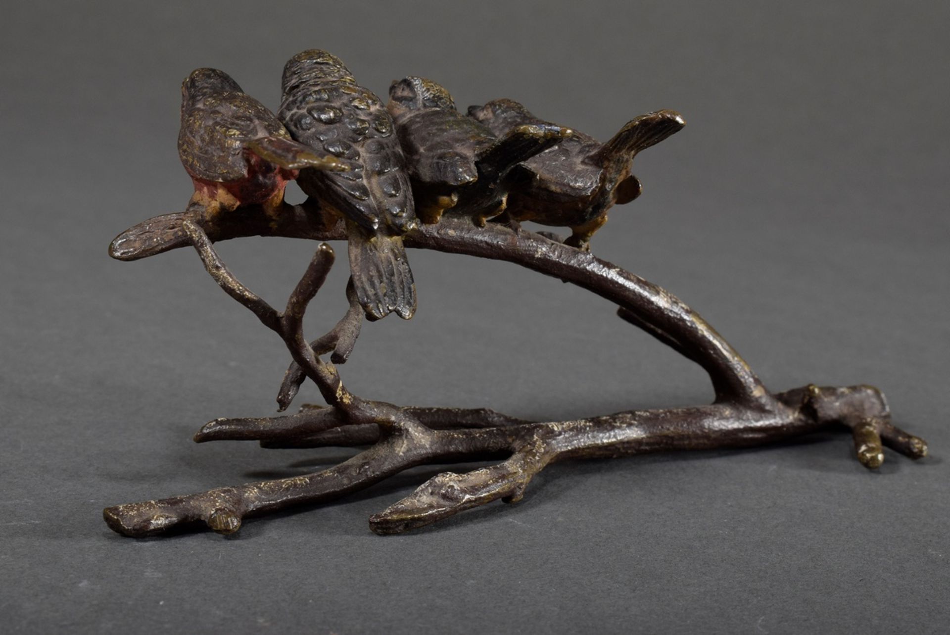 Viennese bronze "Four birds on branch", colourfully painted, h. 8cm, slightly bumped and bent - Image 4 of 5