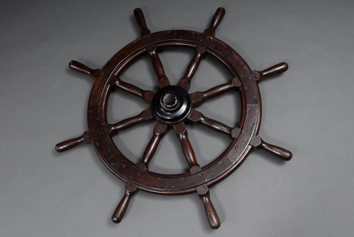 Ship's steering wheel with 8 turned baluster spokes, mahogany with brass ring fitting, iron hub, un