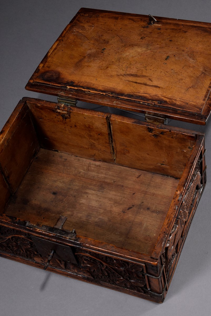 Large minstrel's box with relief carvings "Blossom tendrils and fantastic birds" as well as iron fi - Image 3 of 7