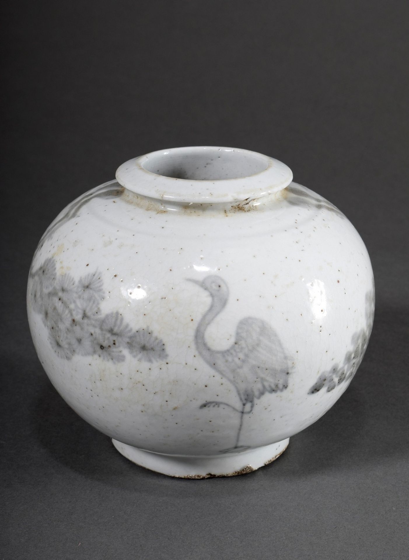 Small Moon vase with greyish painting on light glaze "Crane between branches", Korea 18th c., h. 13