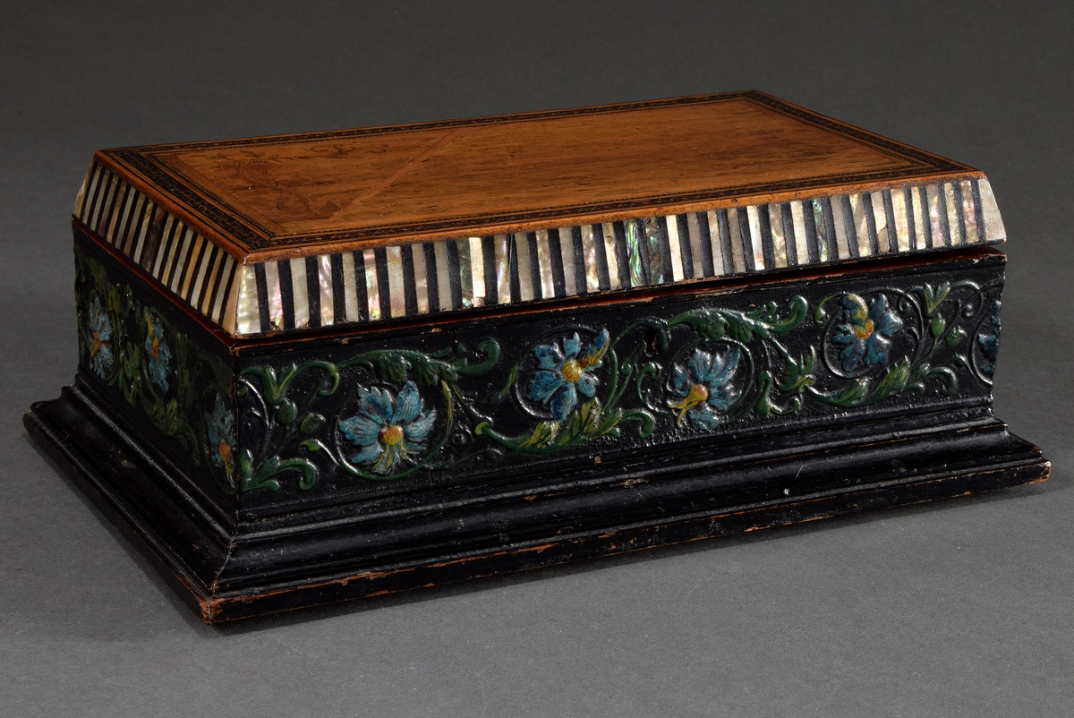 Angular Historism wooden casket with floral frieze, inlaid mother-of-pearl stripes as well as flora