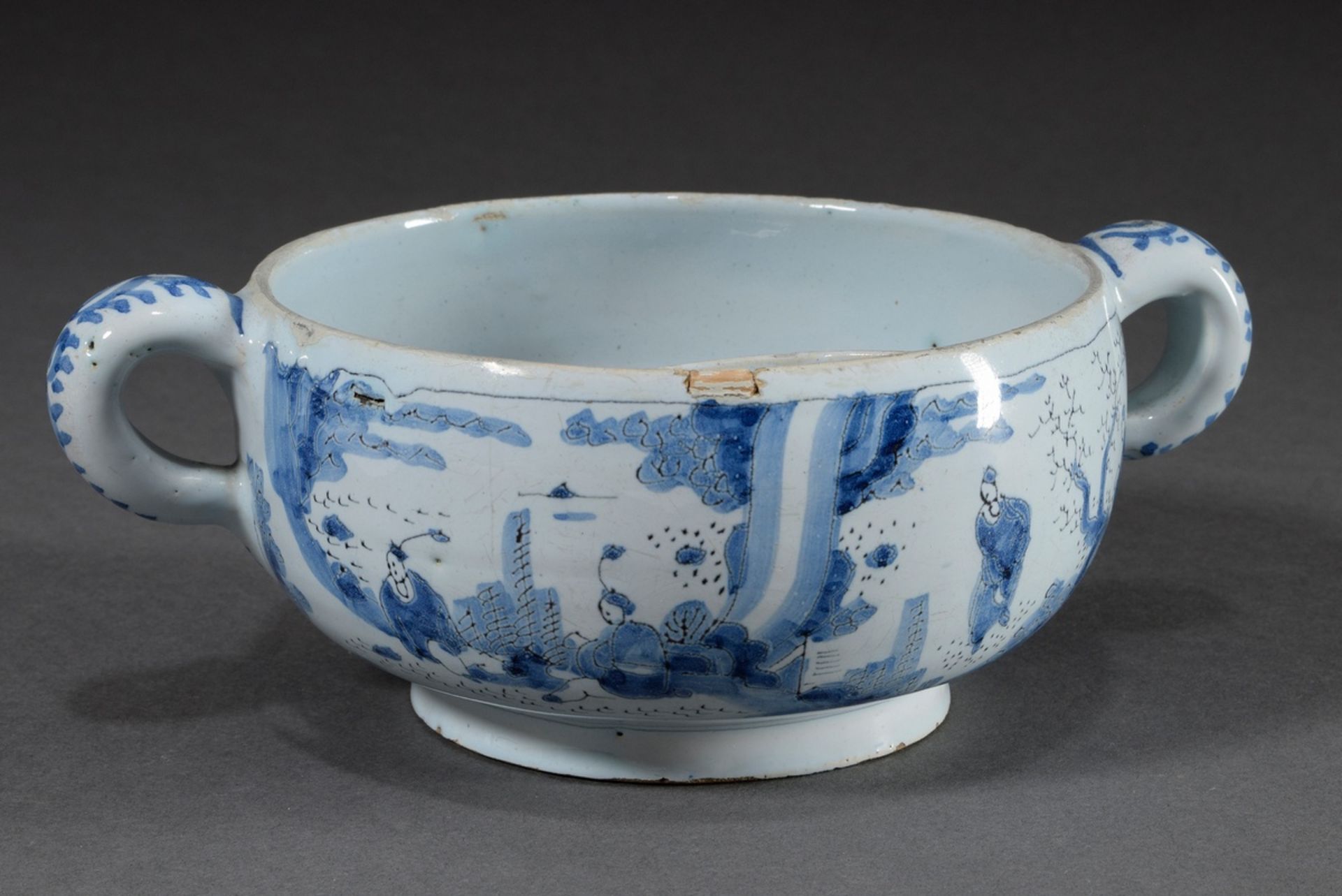 Faience shaving bowl with strainer insert for brush/soap and side handles, fine blue painting decor - Image 2 of 5
