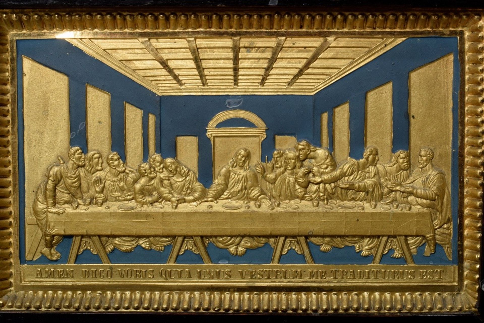 Metal relief "The Last Supper", blue/gilt, 19th century, framed, 11x18cm (w.f. 16x23cm) - Image 2 of 5