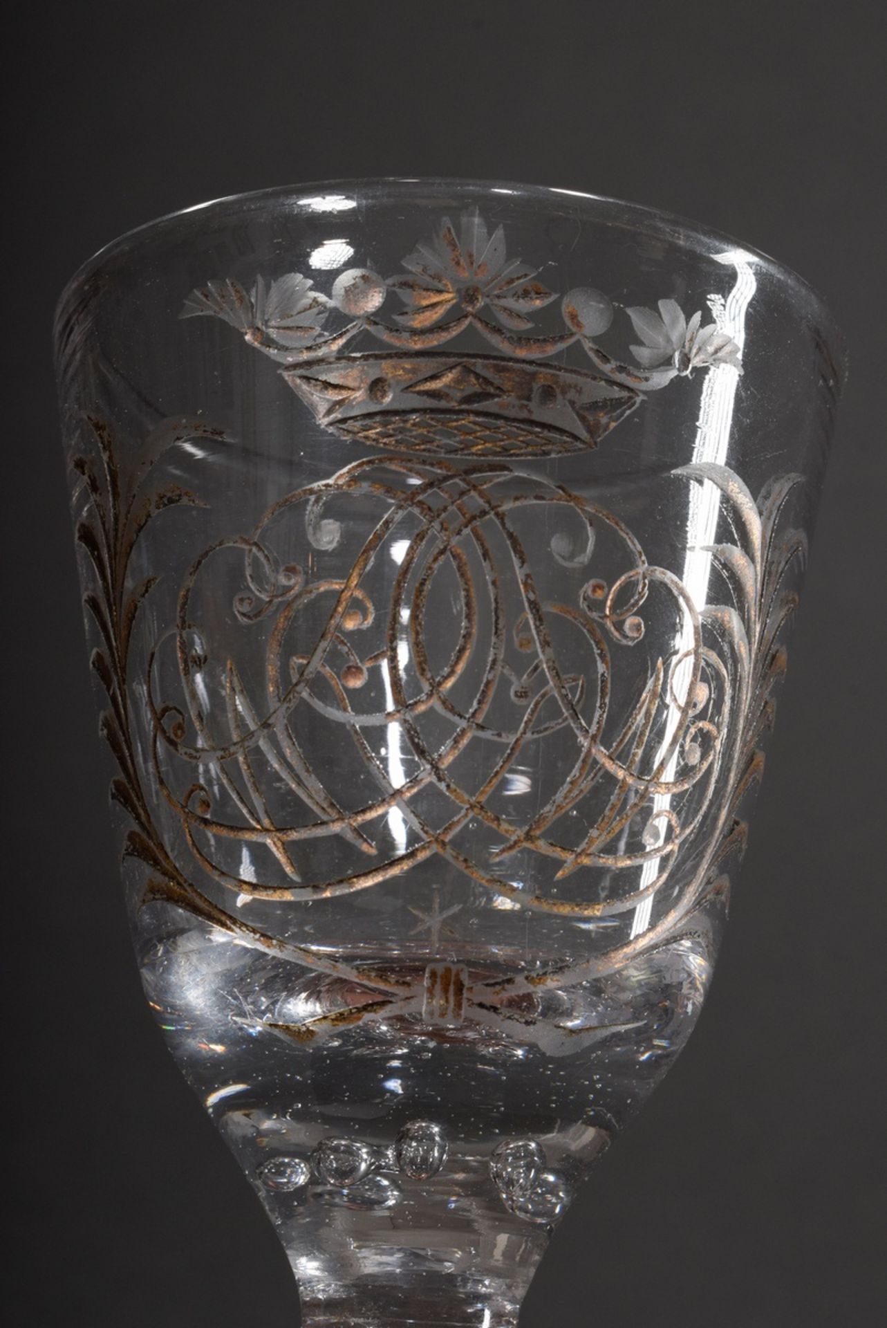 Baroque goblet glass on a bell base with turned rim, hollow blown baluster stem with 7 pierced bubb - Image 3 of 4