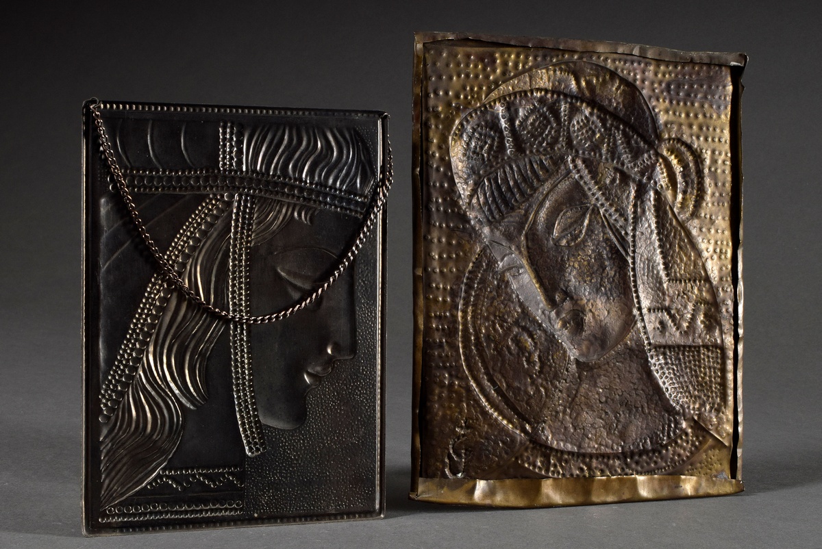 2 Various chased/stamped art nouveau metal pictures "Female heads", around 1910, 20x14,5cm/24x19cm, - Image 4 of 4