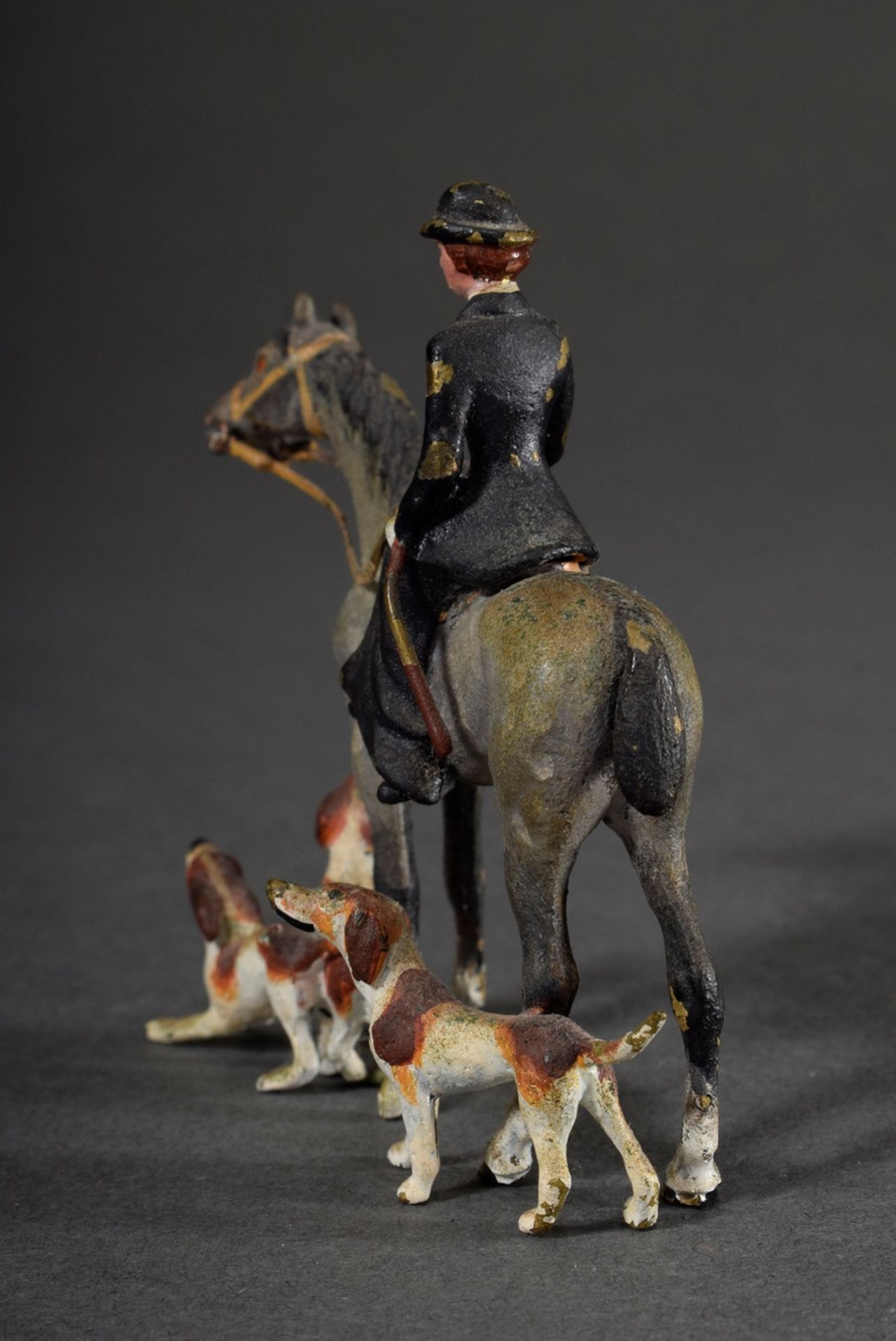 Viennese bronze "Hunt rider on horseback with three foxhounds", colourfully painted, h. 7cm, slight - Image 3 of 4