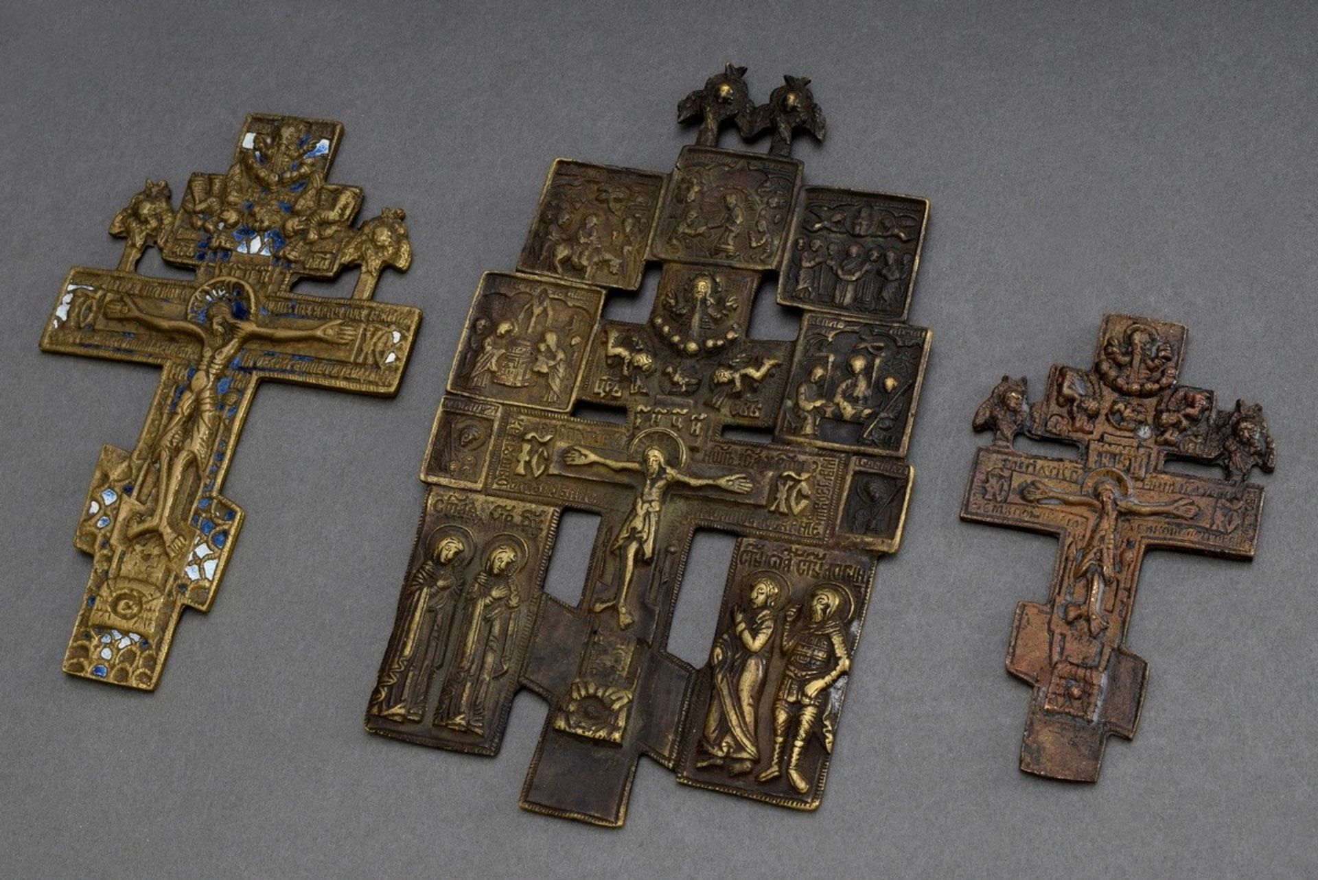 3 Various Russian icon crosses with Corpus Christi, 1x extended cross with feast days, brass, 17th-