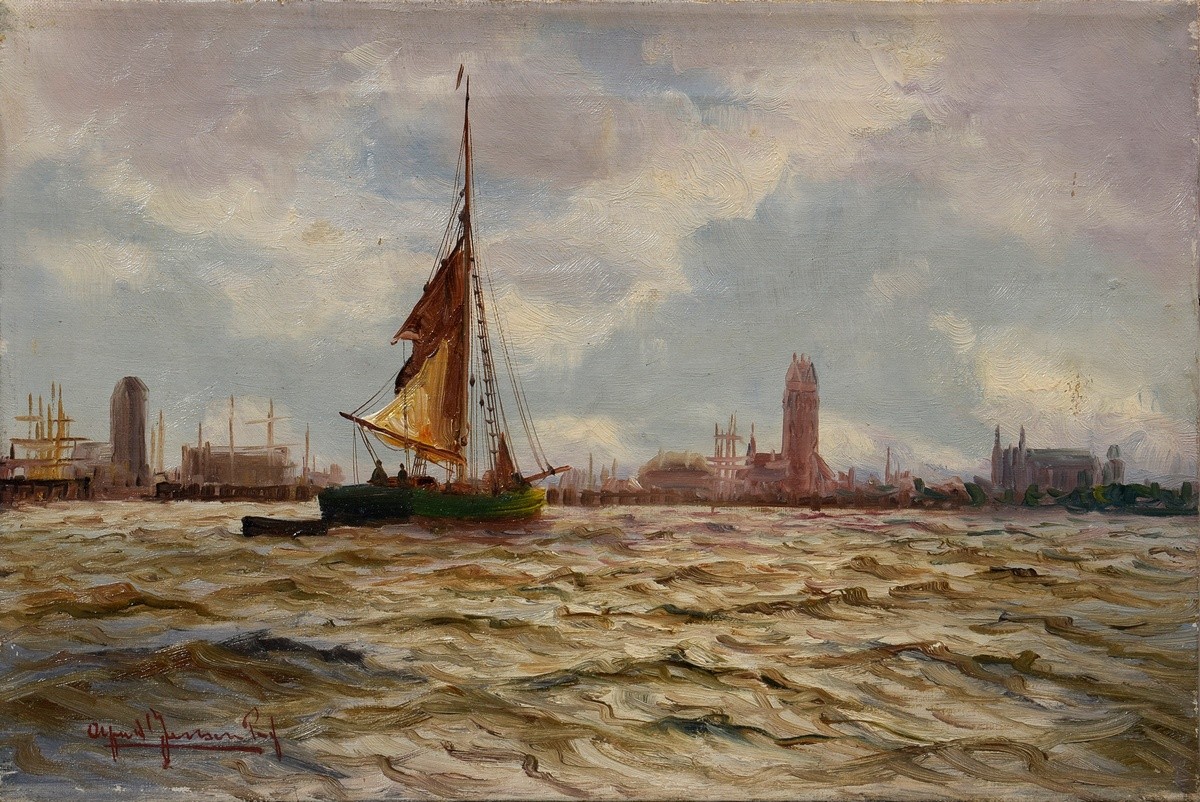 Jensen, Alfred (1859-1935) "Boat in front of North German harbor", oil/canvas, b.l. sign., 24,3x36,