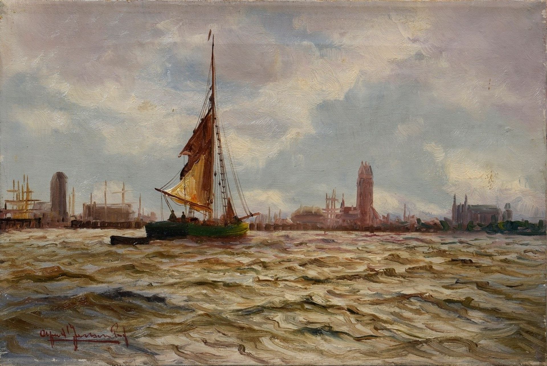 Jensen, Alfred (1859-1935) "Kutter vor norddeutscher Hafenstdt", Öl/Leinwand, u.l. sign., 24,3x36,5