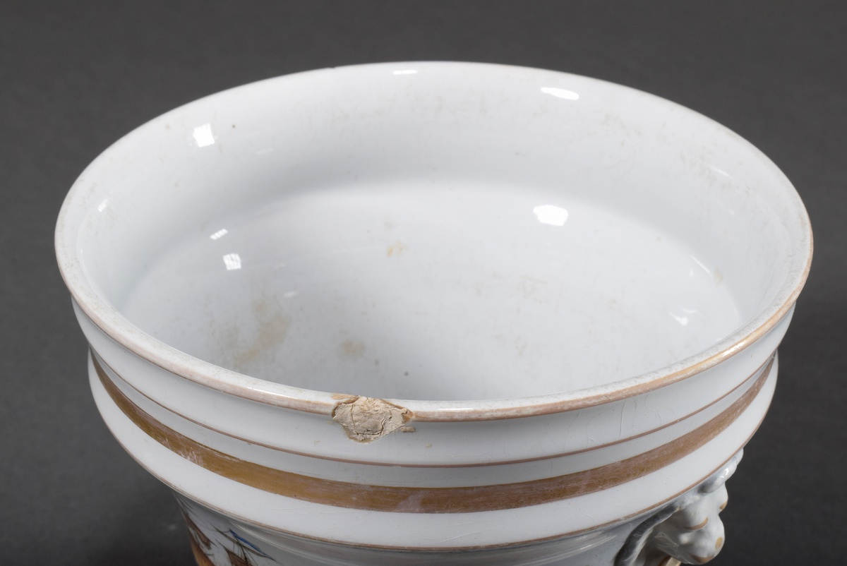 Porcelain cachepot with polychrome painting "Hamburg Bark", lateral lion head handles and gold deco - Image 5 of 6