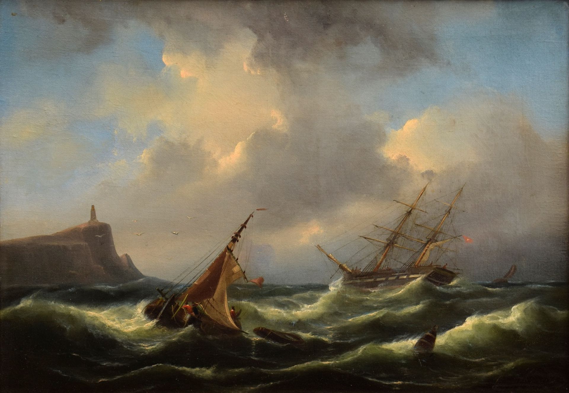 Marine painter of the 19th c. (Plagemann?) "Ships in rough sea in front of rocky coast" 1848, oil/c