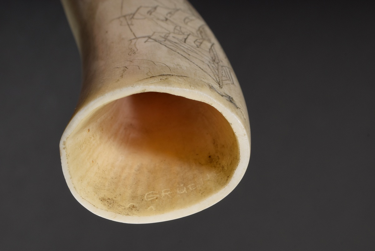 Scrimshaw "Three-Master" 19th c., rolled tooth with blackened incised decoration, sign., 9,5cm, 110 - Image 3 of 5