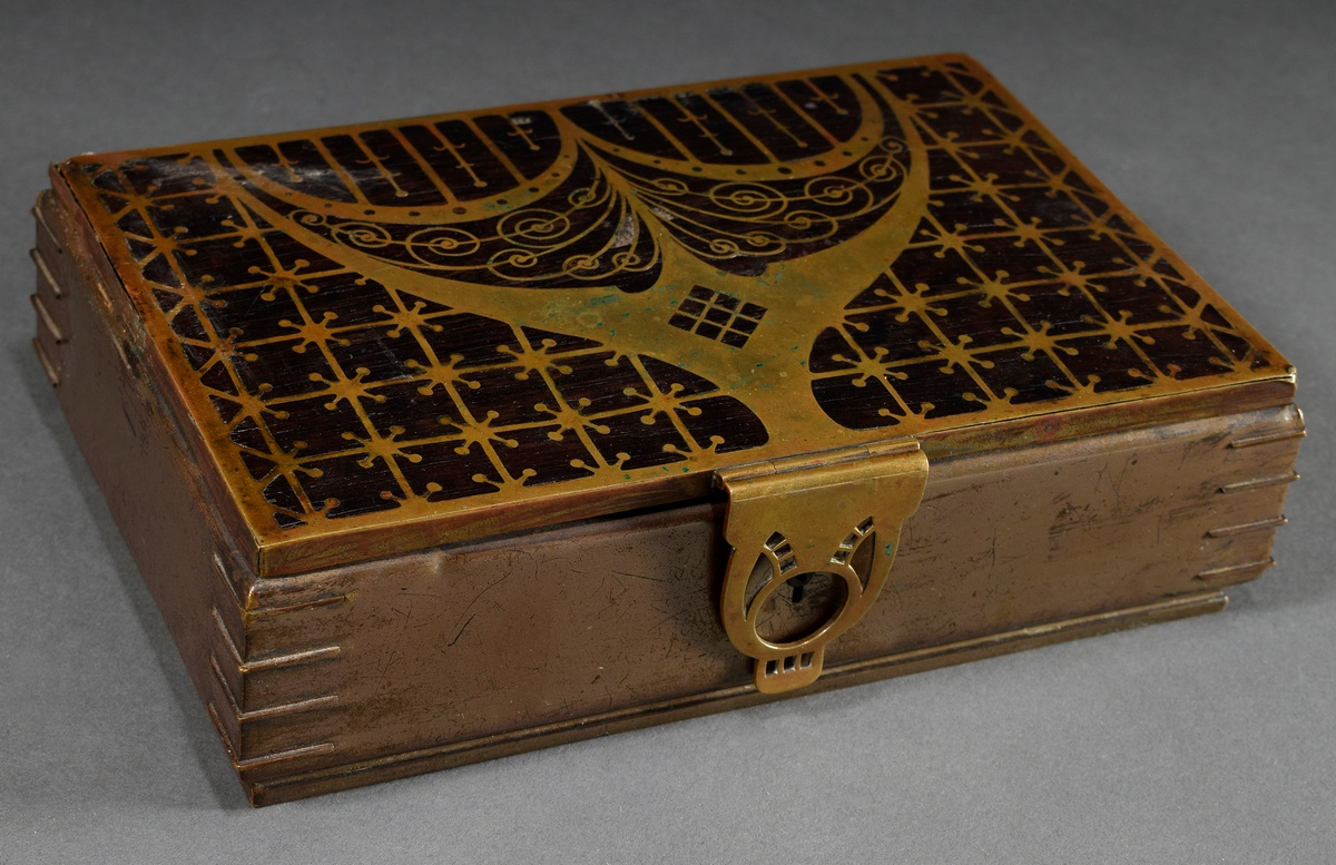 Art Nouveau box with ornamental brass decoration over precious wood, inside grey plush, Erhard & Sö