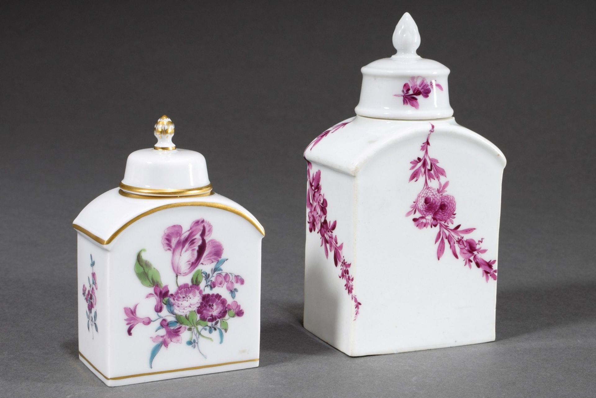 2 Various Meissen tea caddies with purple camaieu painting "Flowers", 1x with green accentuation an - Image 2 of 3