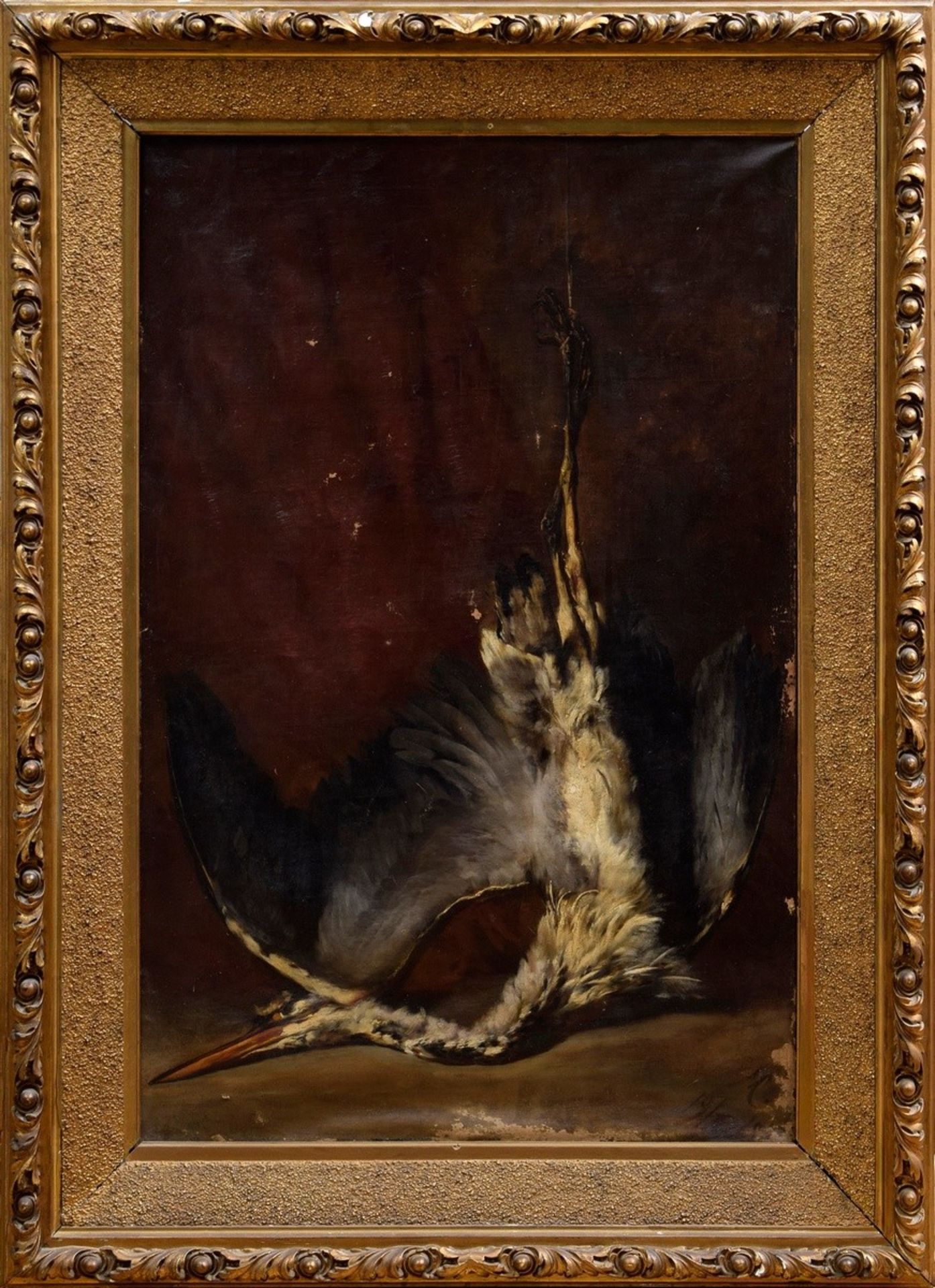 Unbekannter Maler um 1880 "Stillleben mit totem Reiher", Öl/Leinwand, u.r. unleserlich sign./dat.,  - Bild 2 aus 11
