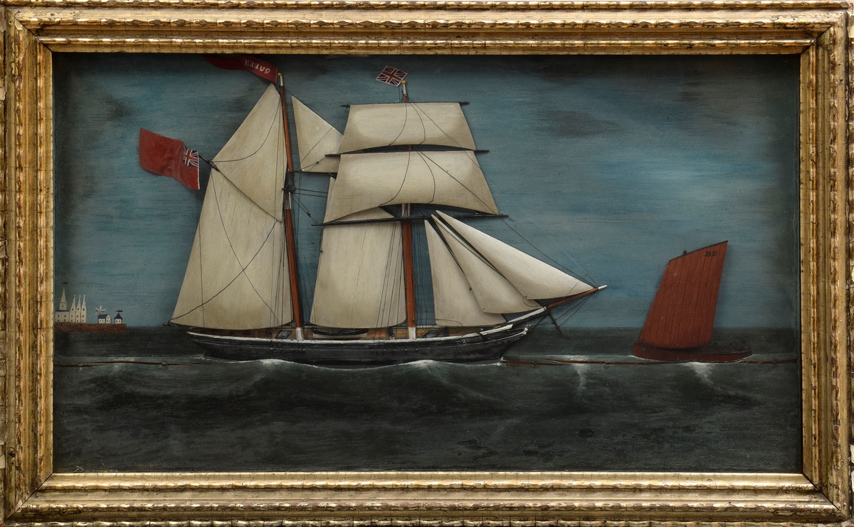 Diorama half-ship model "Queen", end of 19th c., 49,5x80cm, crack, small defects