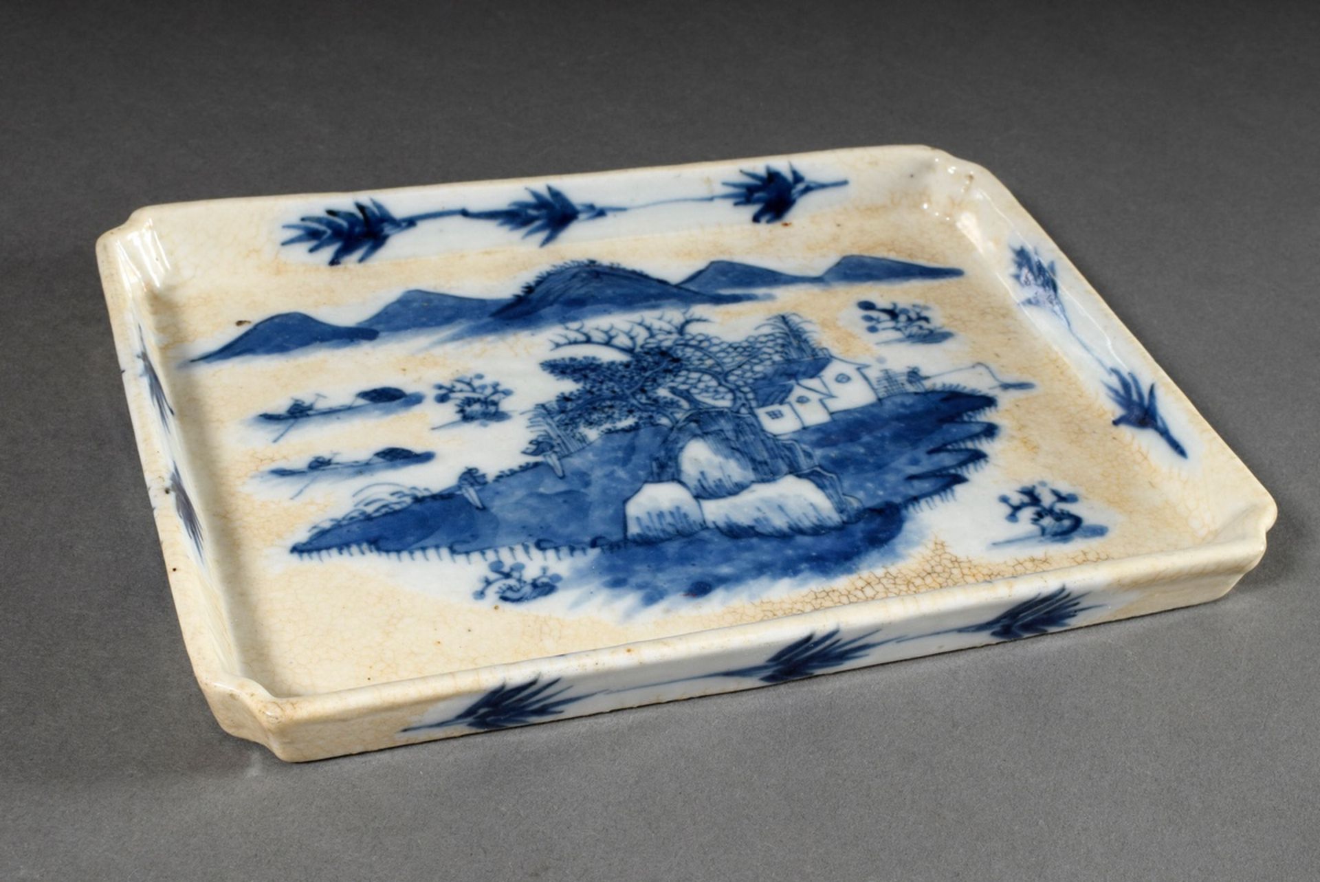 Chinese porcelain tray with blue painting decor "Island with architecture and staffage", 24x17cm, c