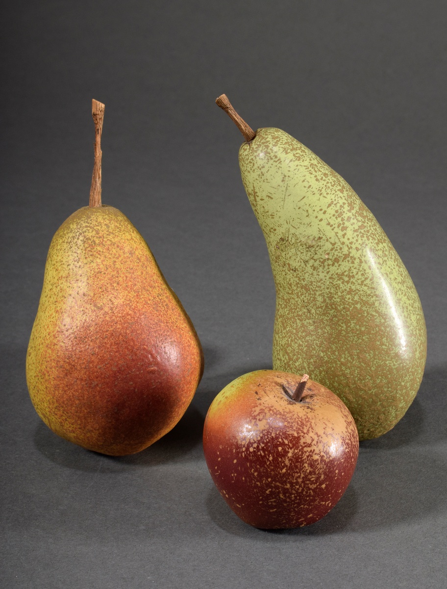 3 Various pieces of ceramic decorative fruit "pears" and "apple", colourfully painted, 2x marked "P