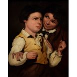 Unbekannter Maler um 1850 "Zwei Brüder", Öl/Leinwand auf Platte aufgezogen, Prunkrahmen (kleine Def