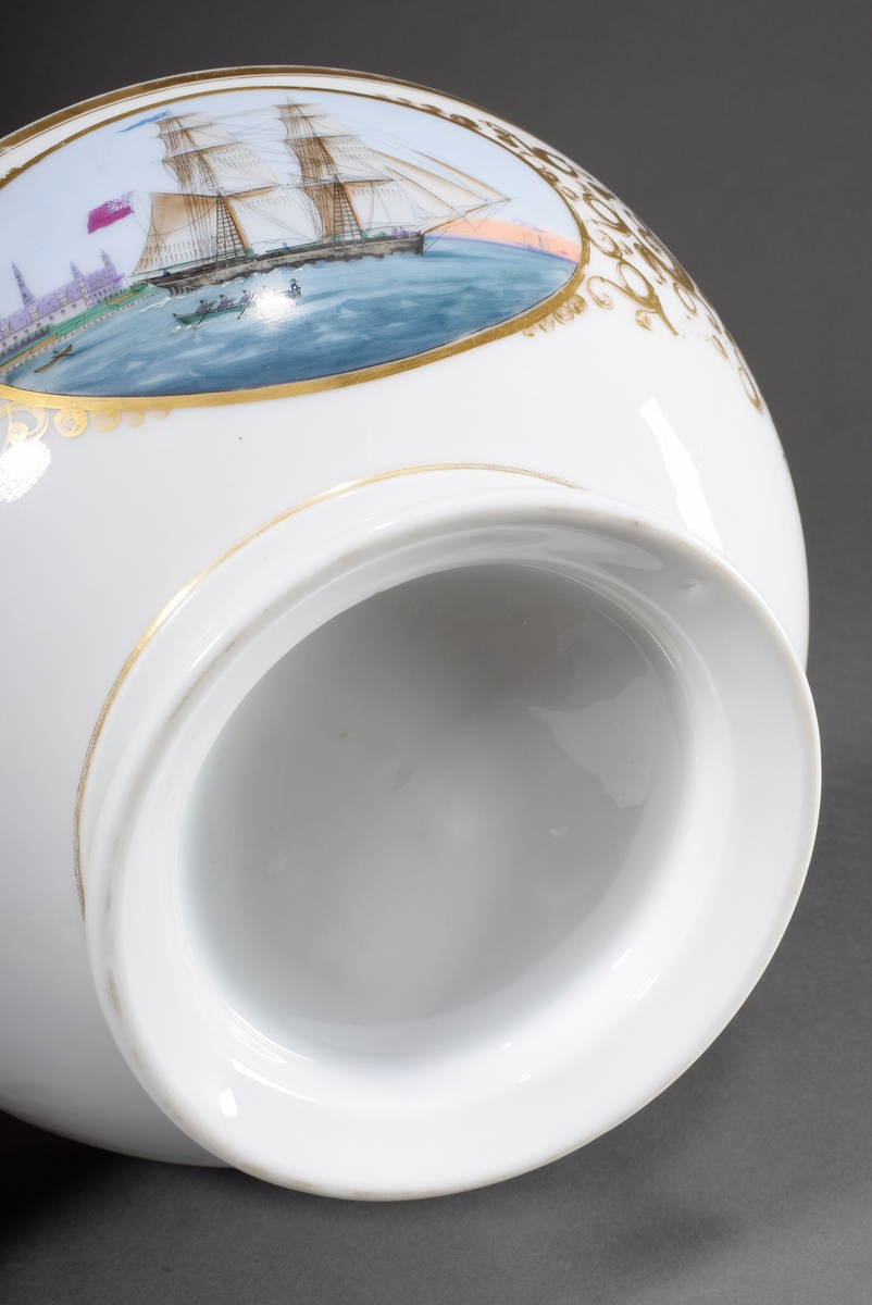 Porcelain bowl with polychrome painting "Two-masted ship in front of Kronenborg" in ornamental gold - Image 5 of 5