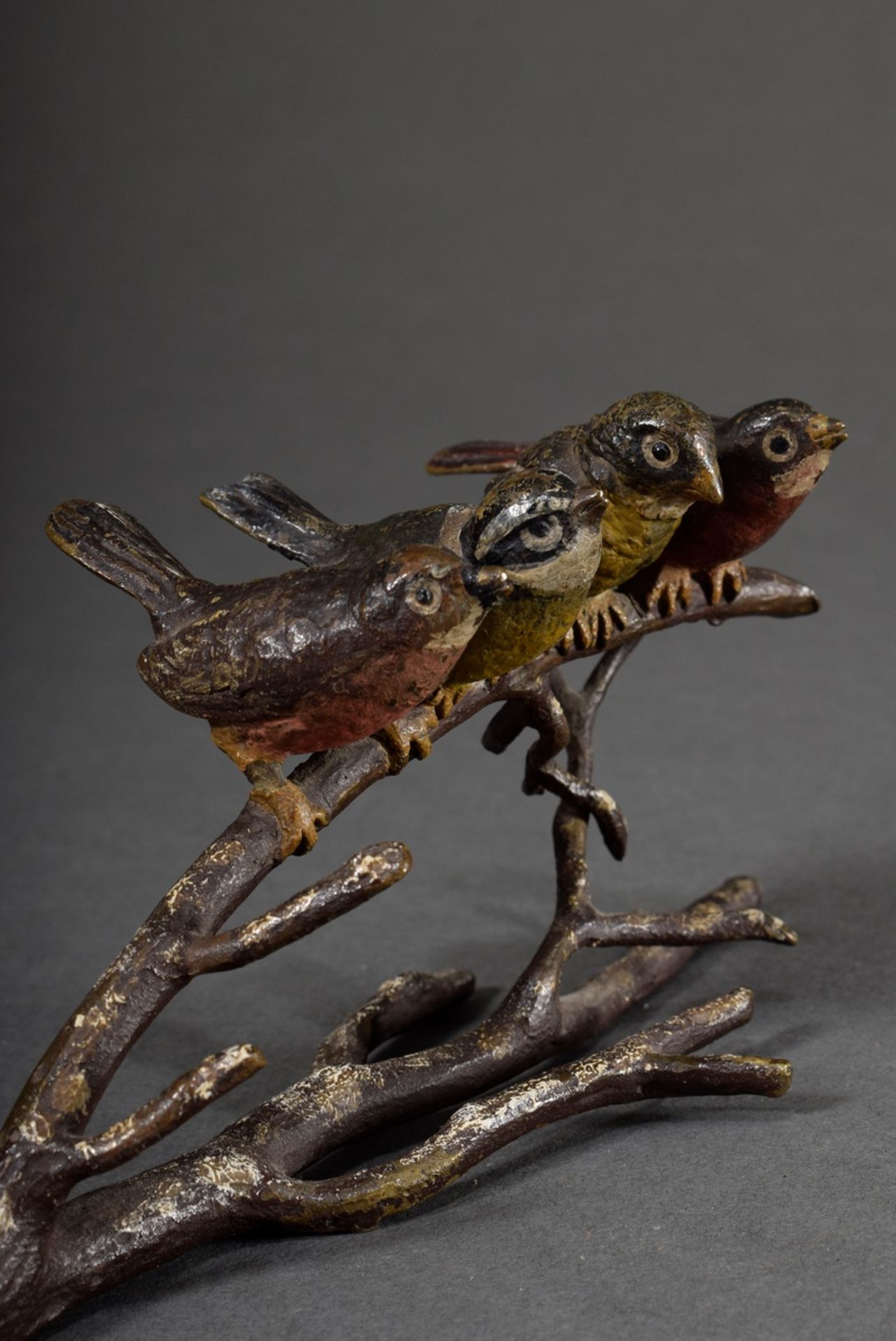 Viennese bronze "Four birds on branch", colourfully painted, h. 8cm, slightly bumped and bent - Image 5 of 5