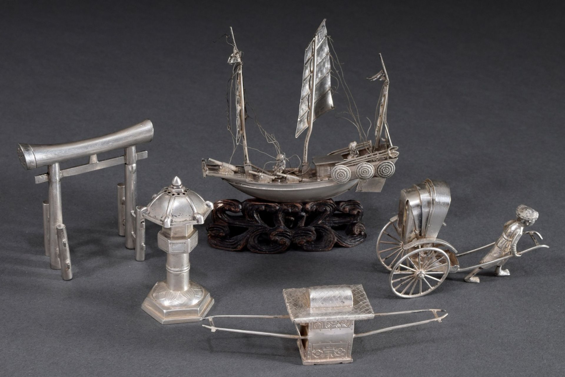 5 Various pieces of Chinese and Japanese silver miniatures: junk on carved wooden base (h. 10,5cm), - Image 2 of 5