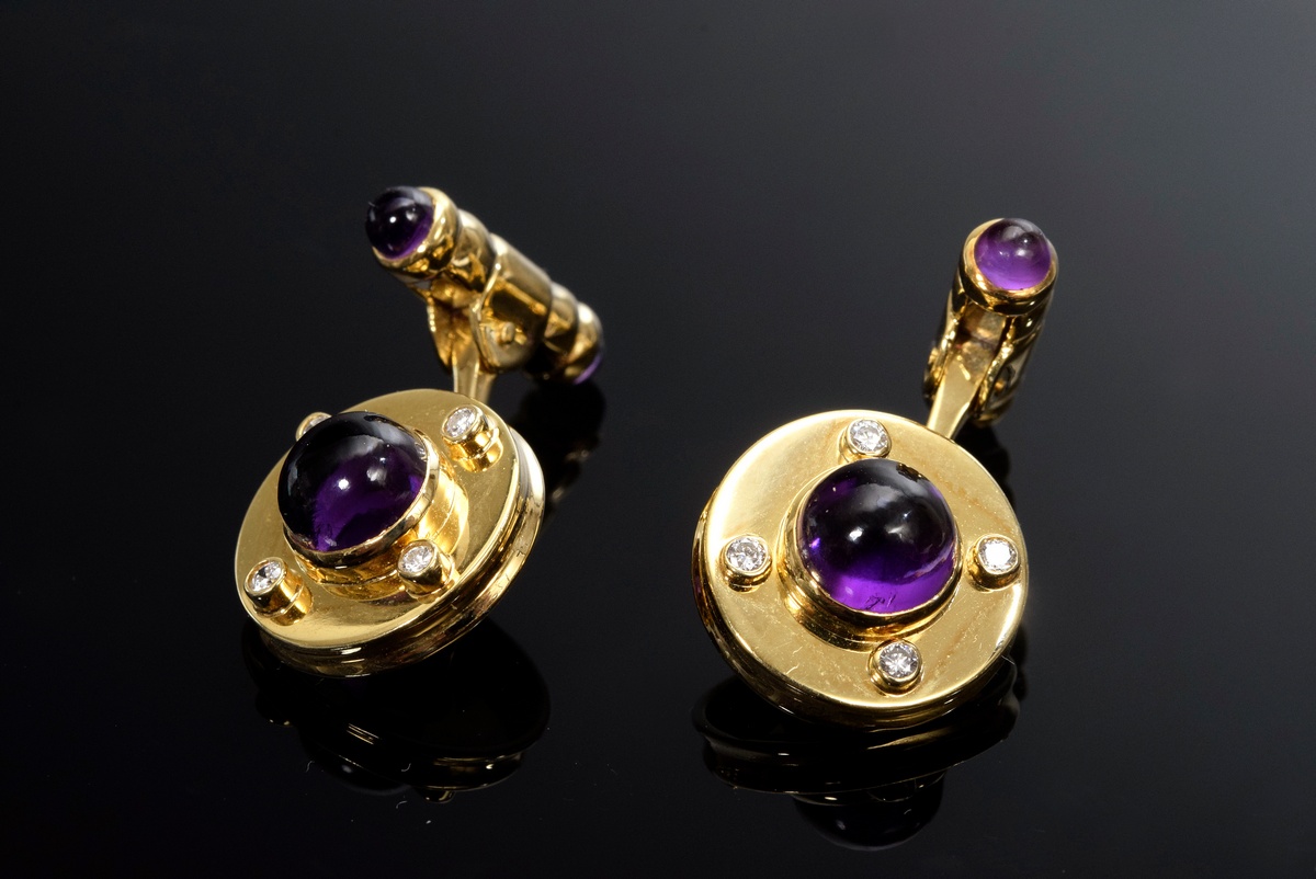 Pair of elegant YG 750 cufflinks with amethyst cabochons (total approx. 4.4ct) and diamonds (0.18ct