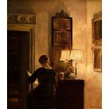 Holsøe, Carl Vilhelm (1863-1935) "Interieur mit lesender Frau bei Lampenlicht", Öl/Leinwand, u.r. s