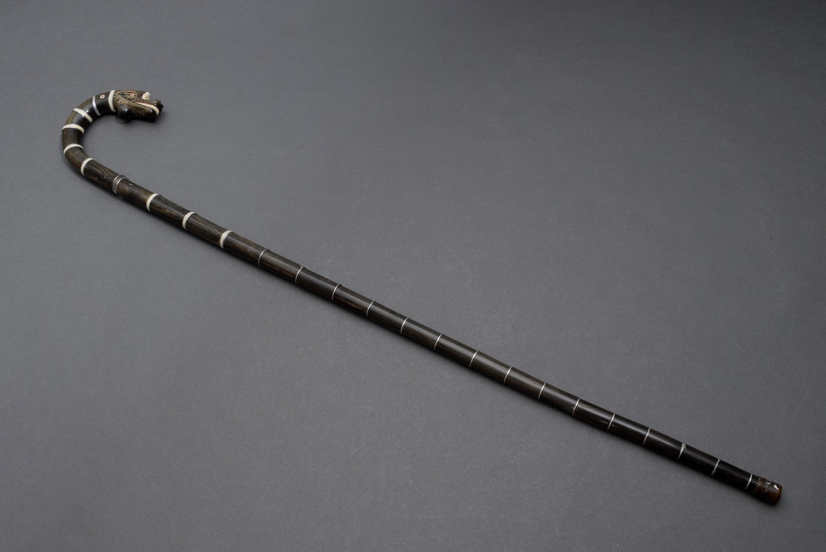 Southeast Asian walking stick with carved "dragon head", horn with bone and aluminium discs, 20th c - Image 8 of 8