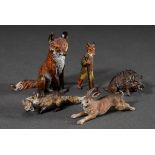 5 Diverse Wiener Bronze "Wildtiere": Fuchs, Reinecke Fuchs, Fuchs mit Ente, Hase, Wildschwein, farb