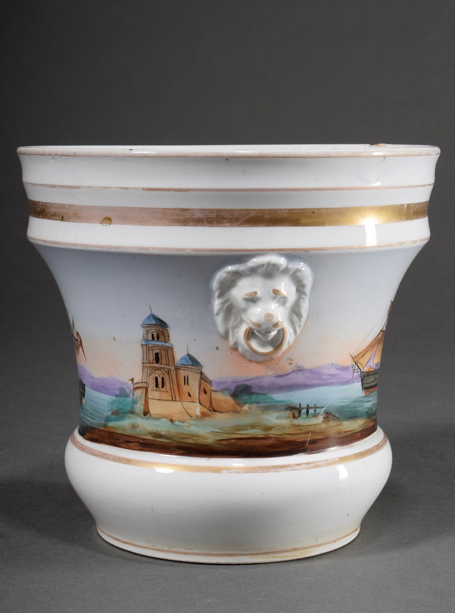 Porcelain cachepot with polychrome painting "Hamburg Bark", lateral lion head handles and gold deco - Image 3 of 6