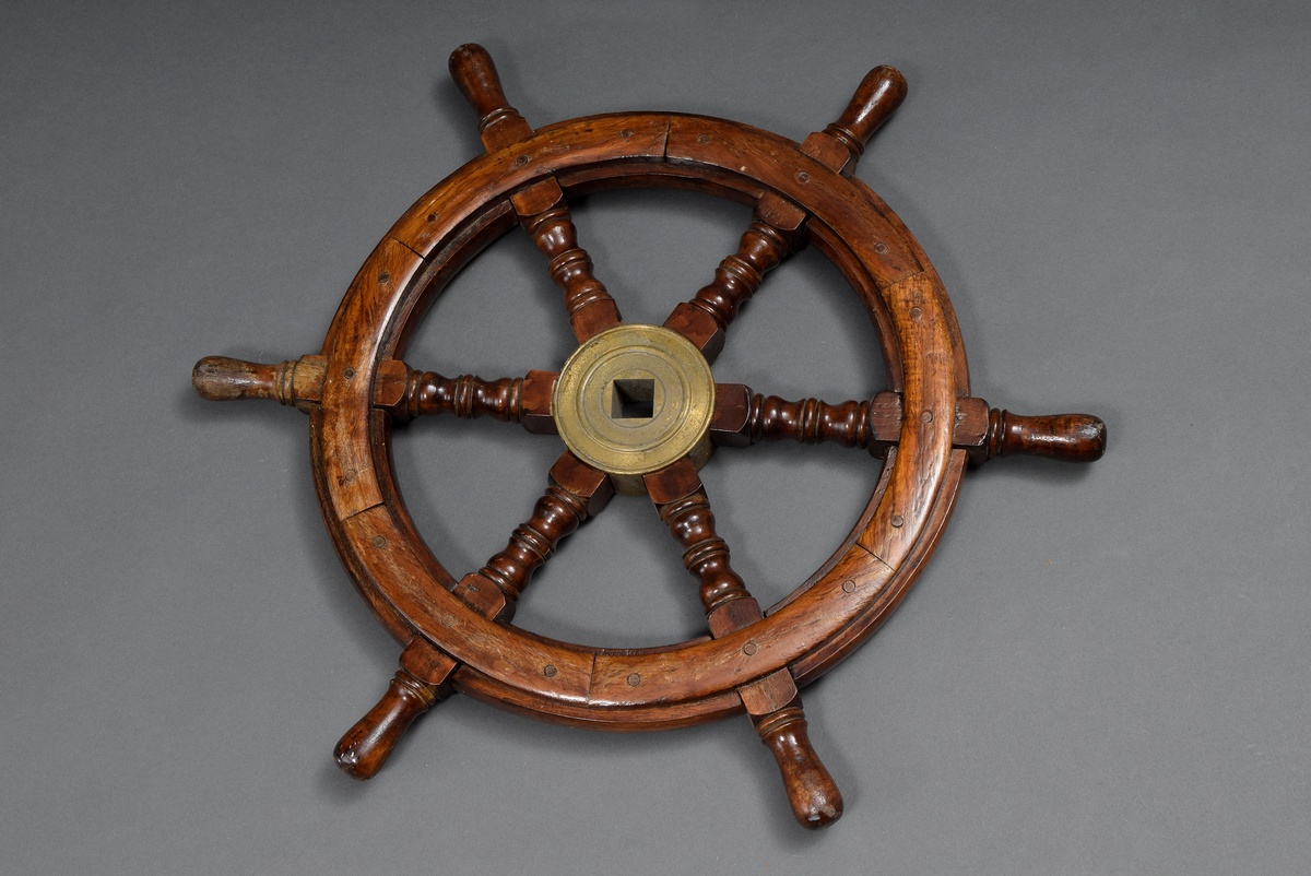 Small ship steering wheel with 6 turned baluster spokes, mahogany with brass fittings and iron hub, - Image 2 of 3