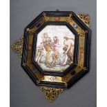 Capodimonte Porzellan Platte mit Relief „Mythologische Szene - Opferszene mit Pan“ in oktogonalem R