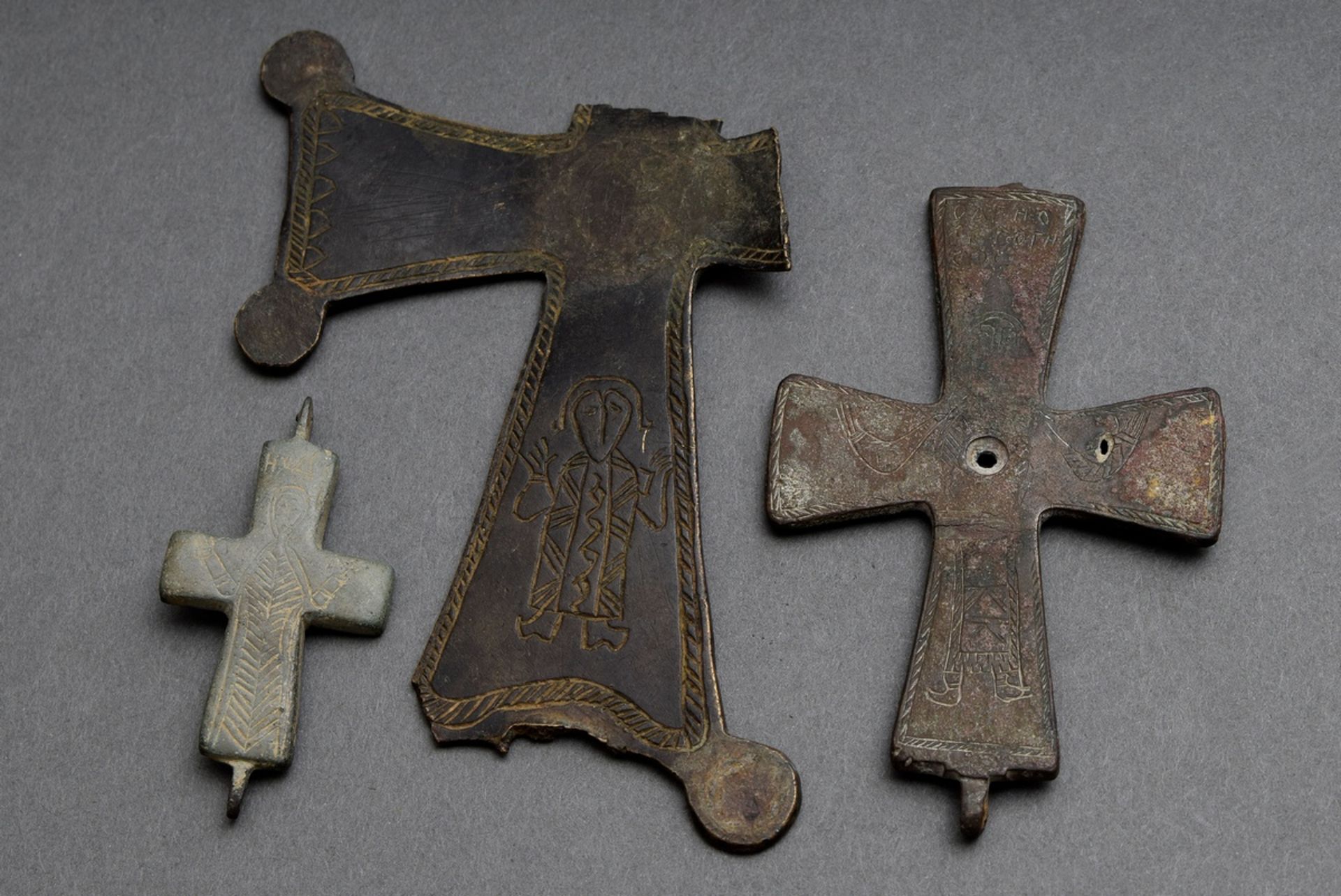 3 Various parts: Byzantine processional cross and encolpion fragments with engraved representations